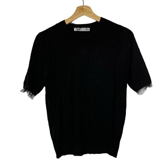 Zara Black Short Sleeve Crewneck Polka Dot Mesh Trim Sweater M - Picture 1 of 3